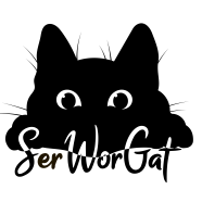 Logo SerWorGat - schwarze Katzensiluette mit großen Augen